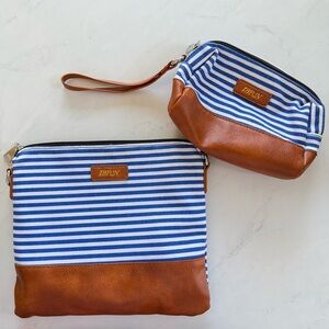 ibfun Blue & White Stripe Nautical Brown Faux Leather Travel Bag Pouch Set